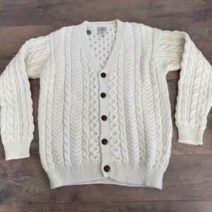 LL Bean Made in Ireland Vintage Cable Knit Wool Cardigan Men's Large‎ Cream